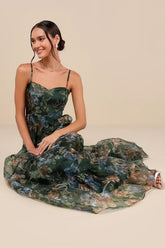 Exclusive Glamour Green Floral Organza Tiered Maxi Dress