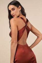 Purely Elegant Rust Brown Satin Twist-Back Maxi Dress