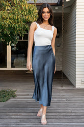 Celeste Satin Midi Skirt | Steel Blue