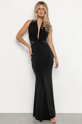 Roma Deep V Halter Gown | Black