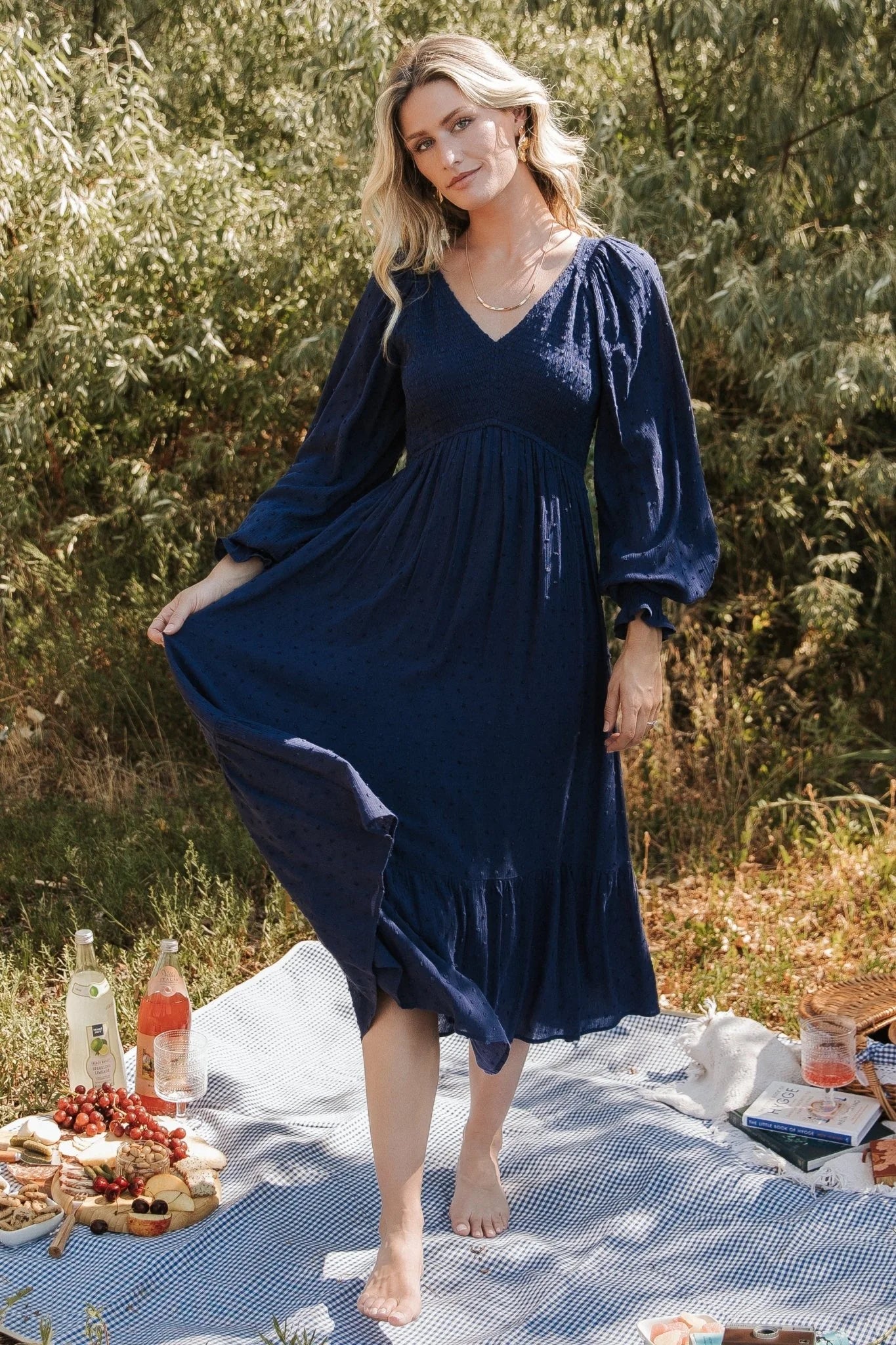 Lainey Smocked Dotted Midi Dress | Midnight Blue