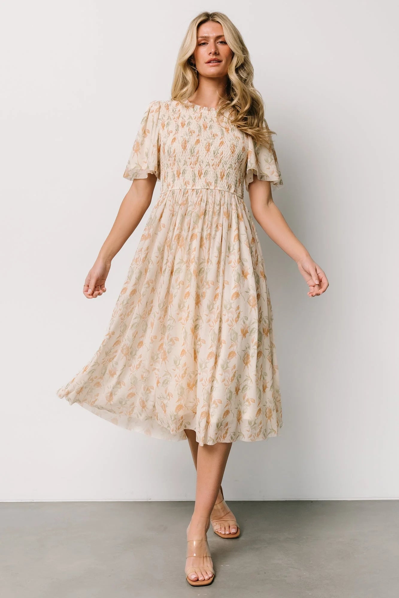 Bailey Smocked Midi Dress | Ivory + Golden Floral