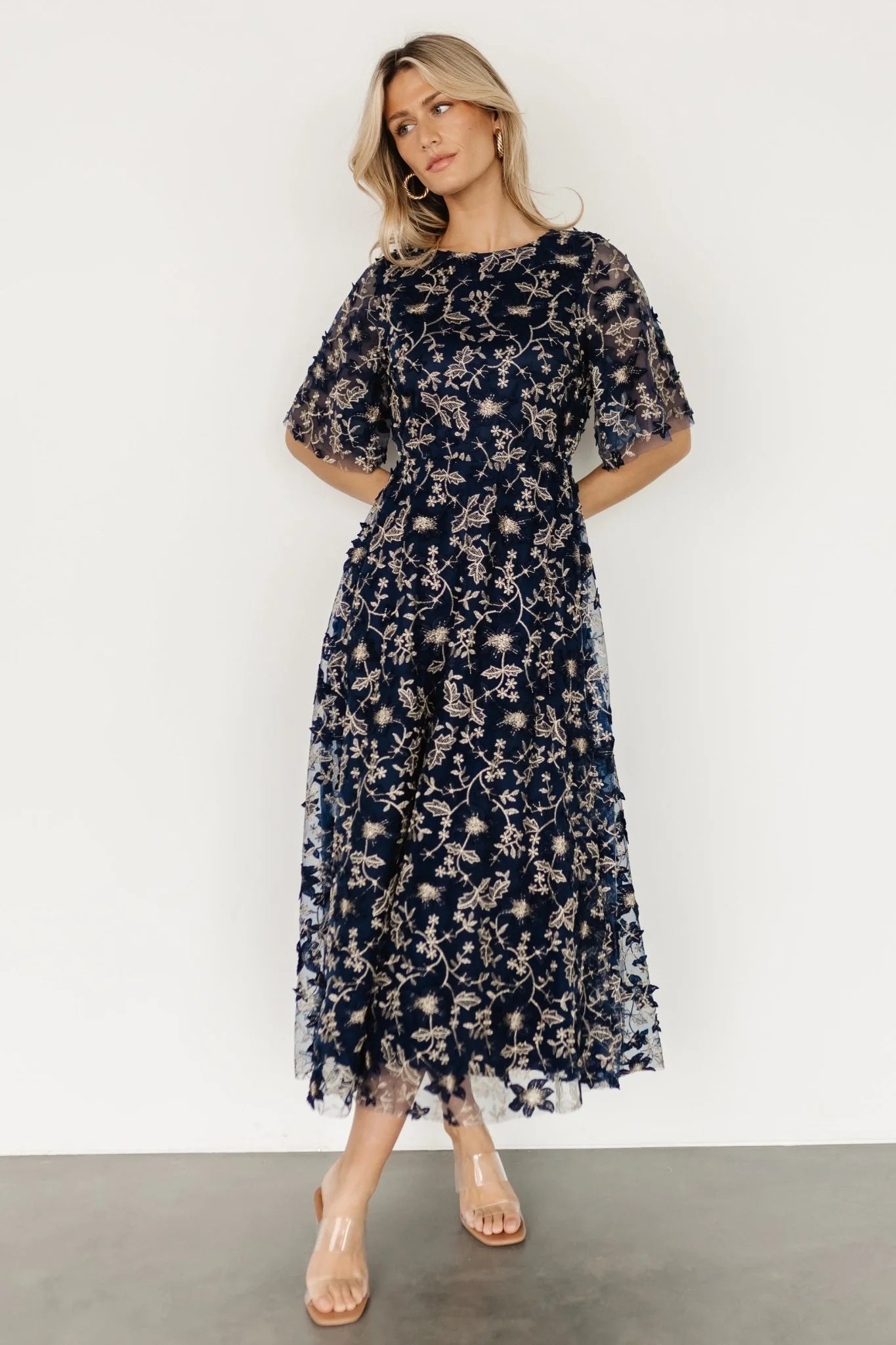 Arabella Embroidered Tulle Maxi Dress | Navy + Gold
