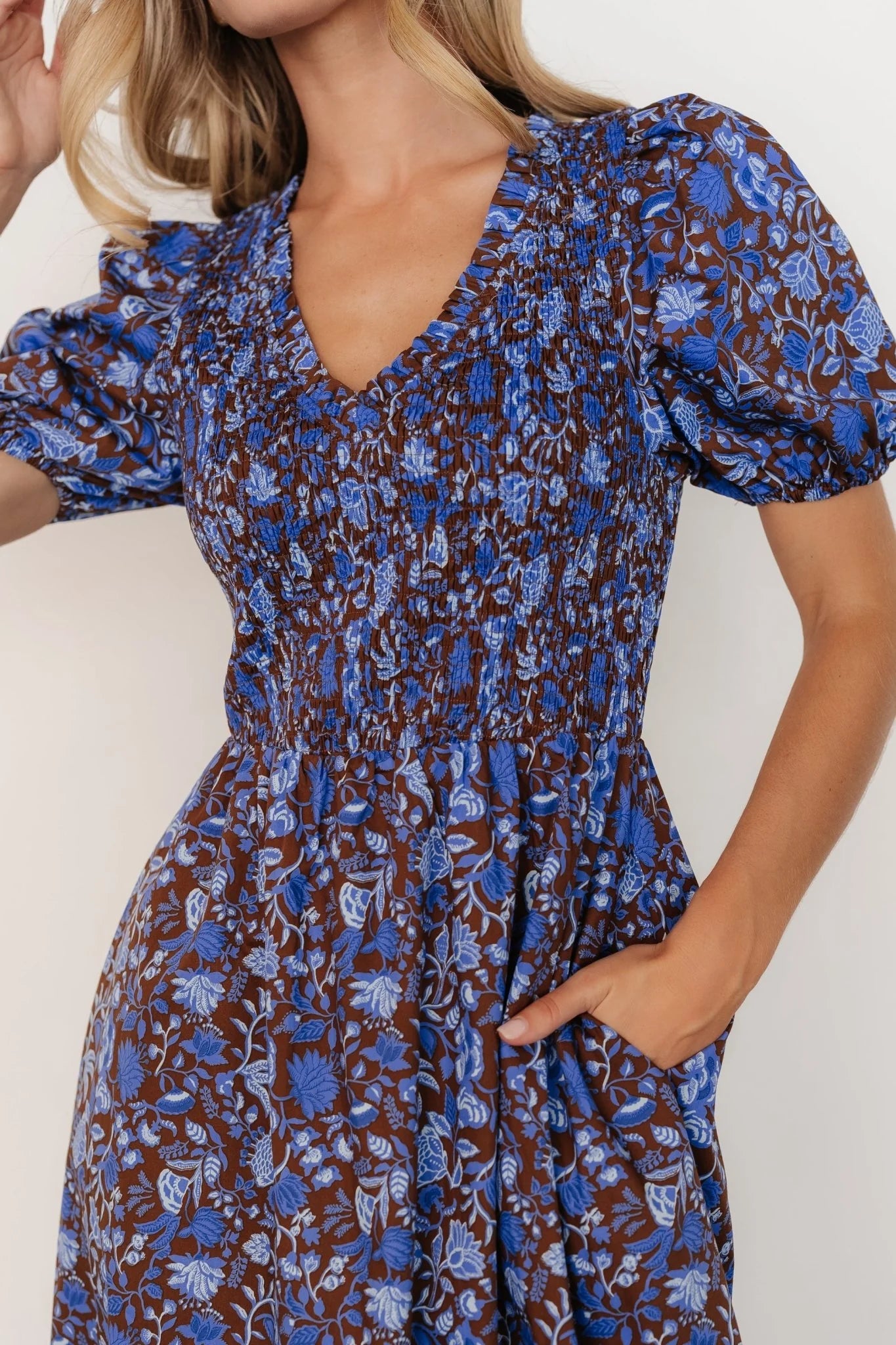 Stockton Smocked Dress | Brown + Blue Floral