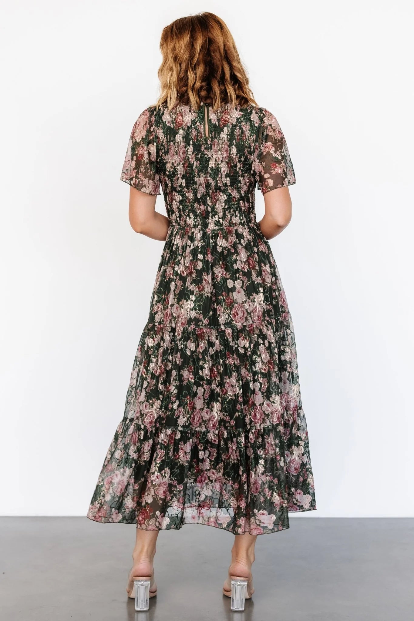 Mara Embroidered Tulle Dress | Dark Green + Blush Floral