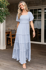 Lenora Smocked Dotted Maxi Dress | Dusty Blue