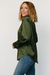 Kacey Satin Button Up Top | Dark Green