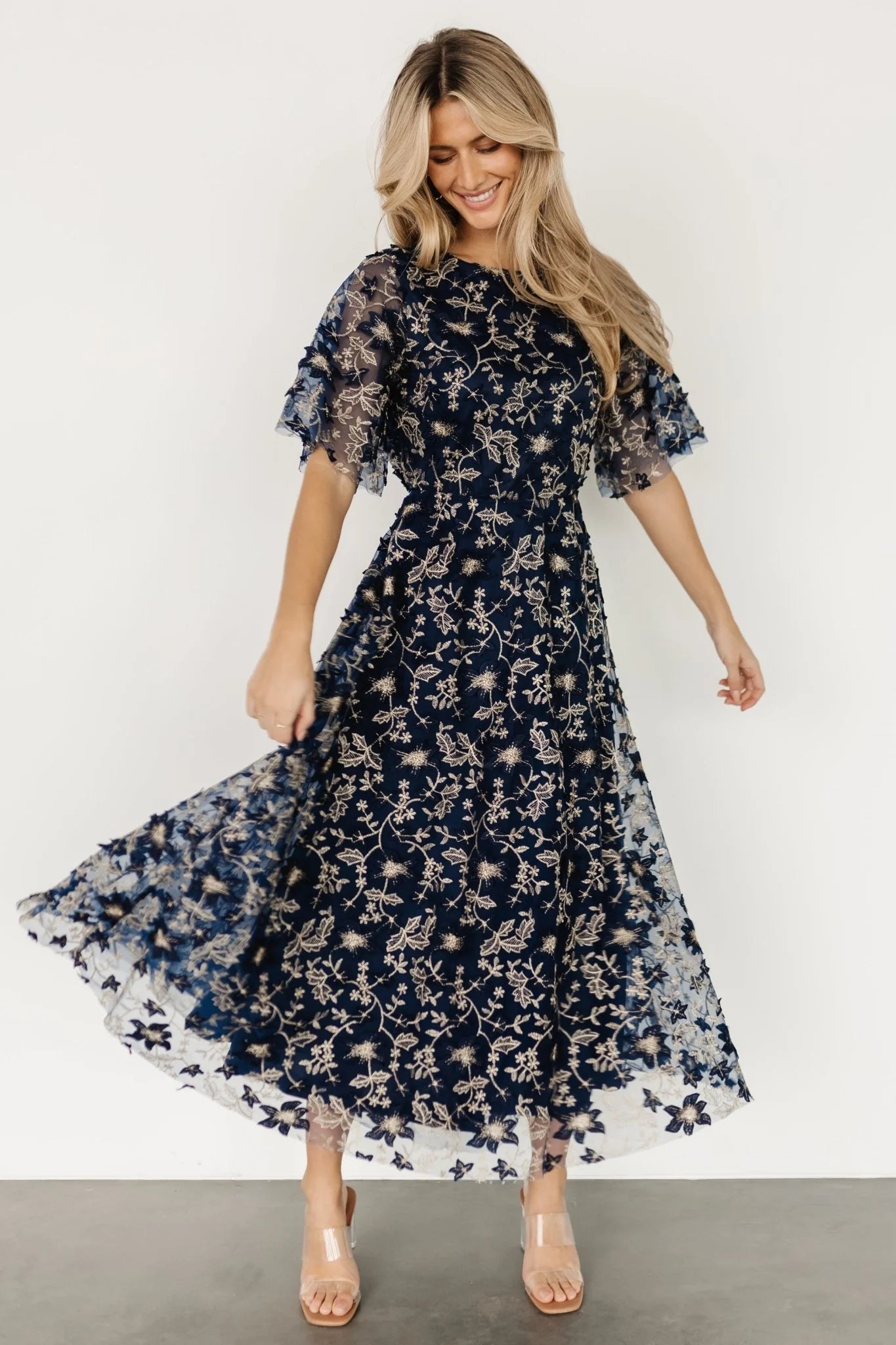 Arabella Embroidered Tulle Maxi Dress | Navy + Gold