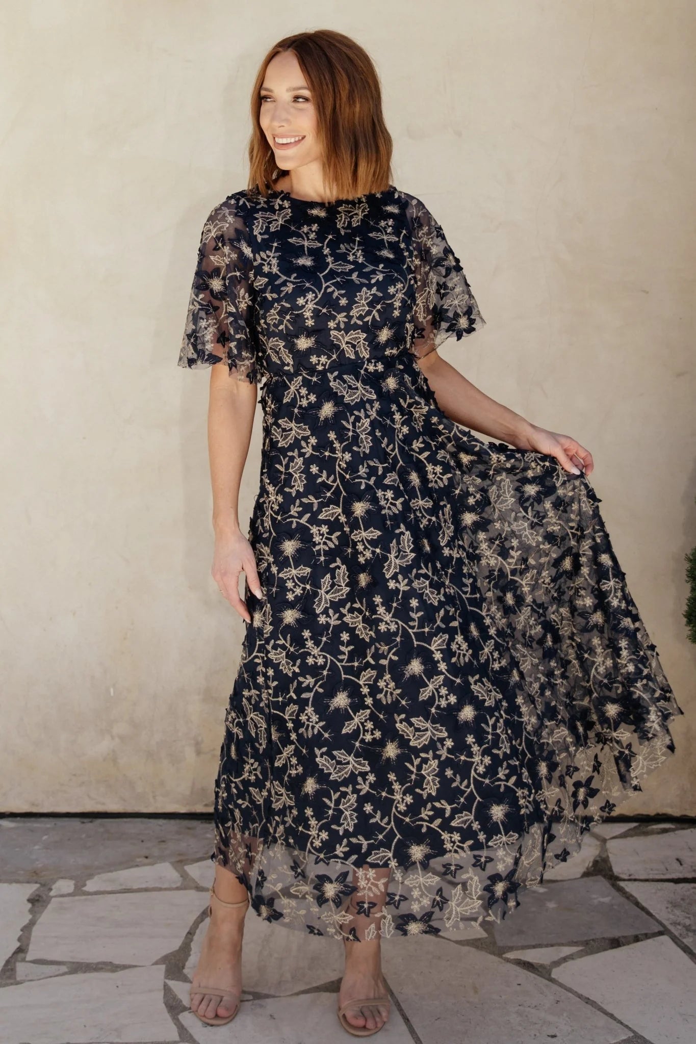 Arabella Embroidered Tulle Maxi Dress | Navy + Gold