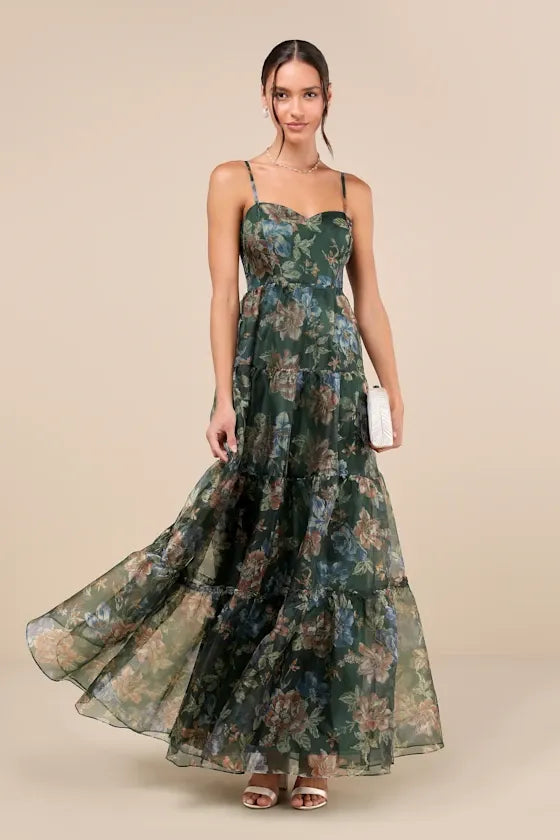 Exclusive Glamour Green Floral Organza Tiered Maxi Dress