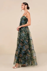 Exclusive Glamour Green Floral Organza Tiered Maxi Dress