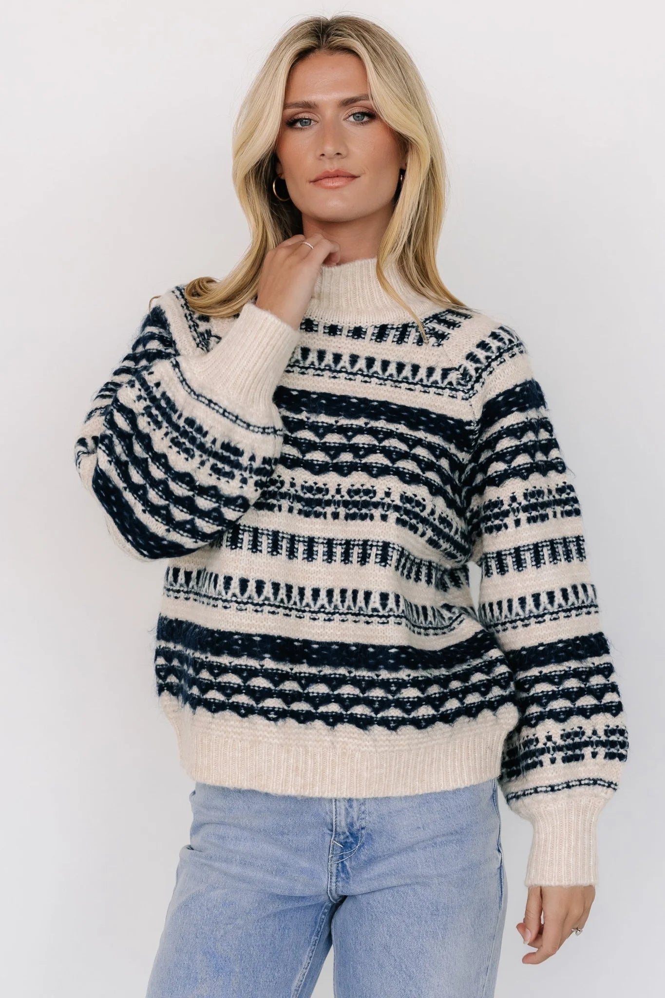 Guadalupe Mock Neck Sweater | Ivory + Navy