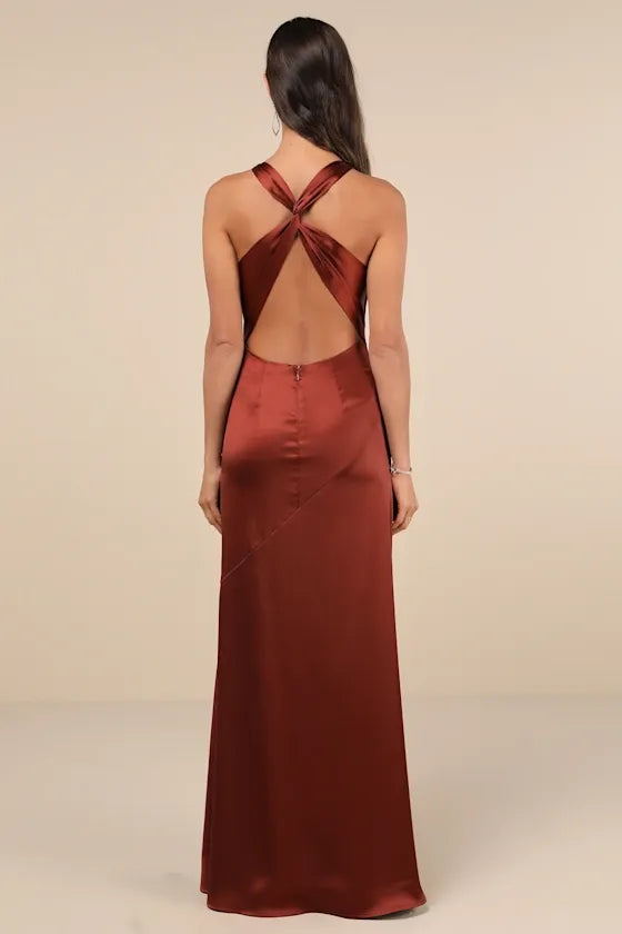 Purely Elegant Rust Brown Satin Twist-Back Maxi Dress