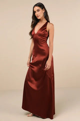 Purely Elegant Rust Brown Satin Twist-Back Maxi Dress