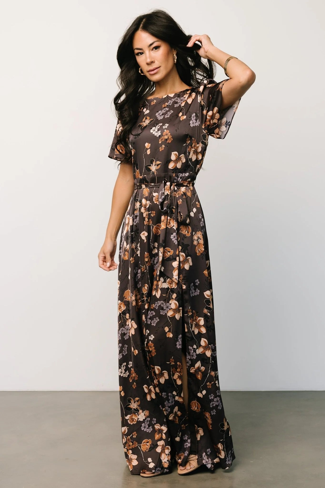Agnes Satin Maxi Dress | Brown Floral