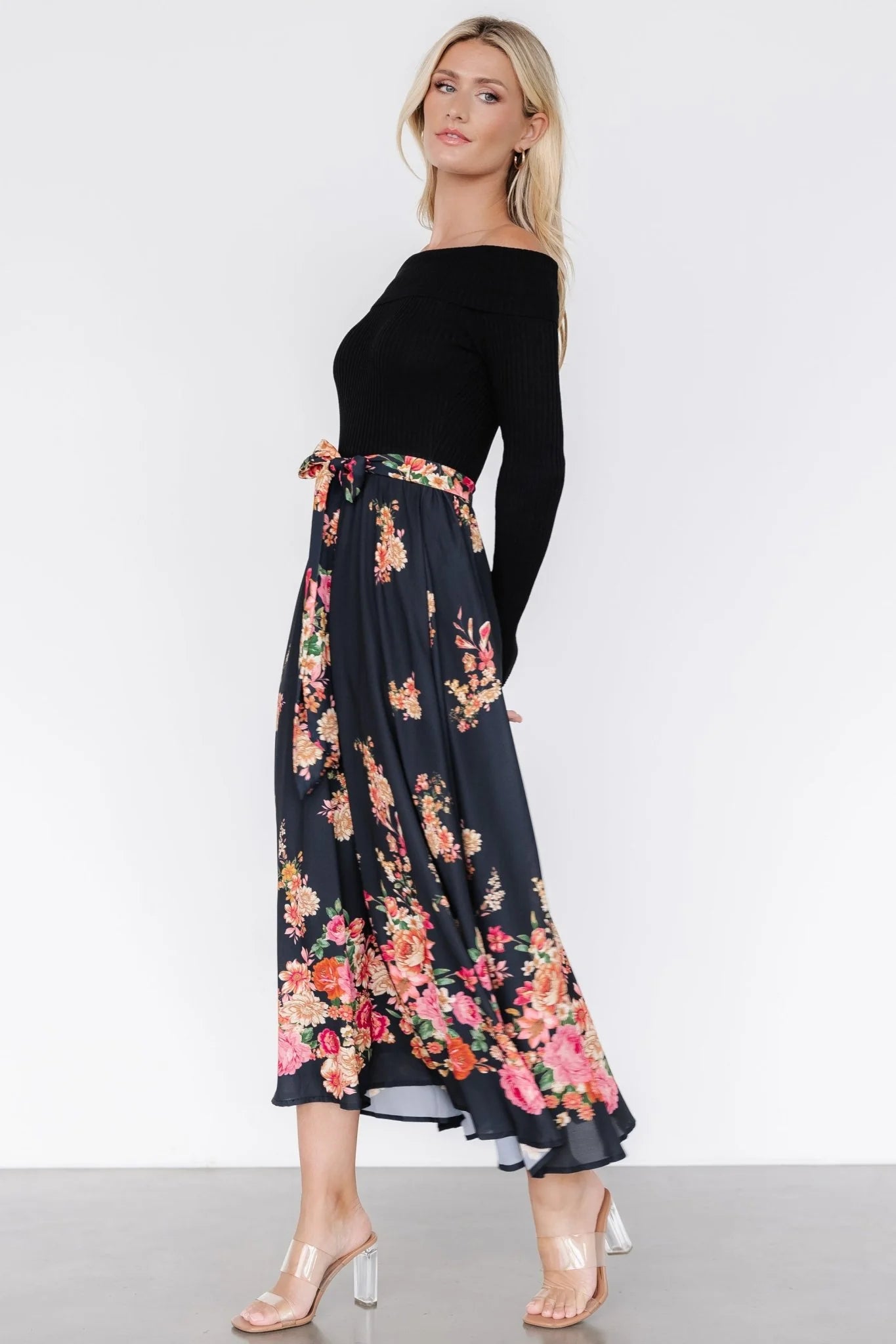 Qadira Off Shoulder Dress | Black + Multi Floral