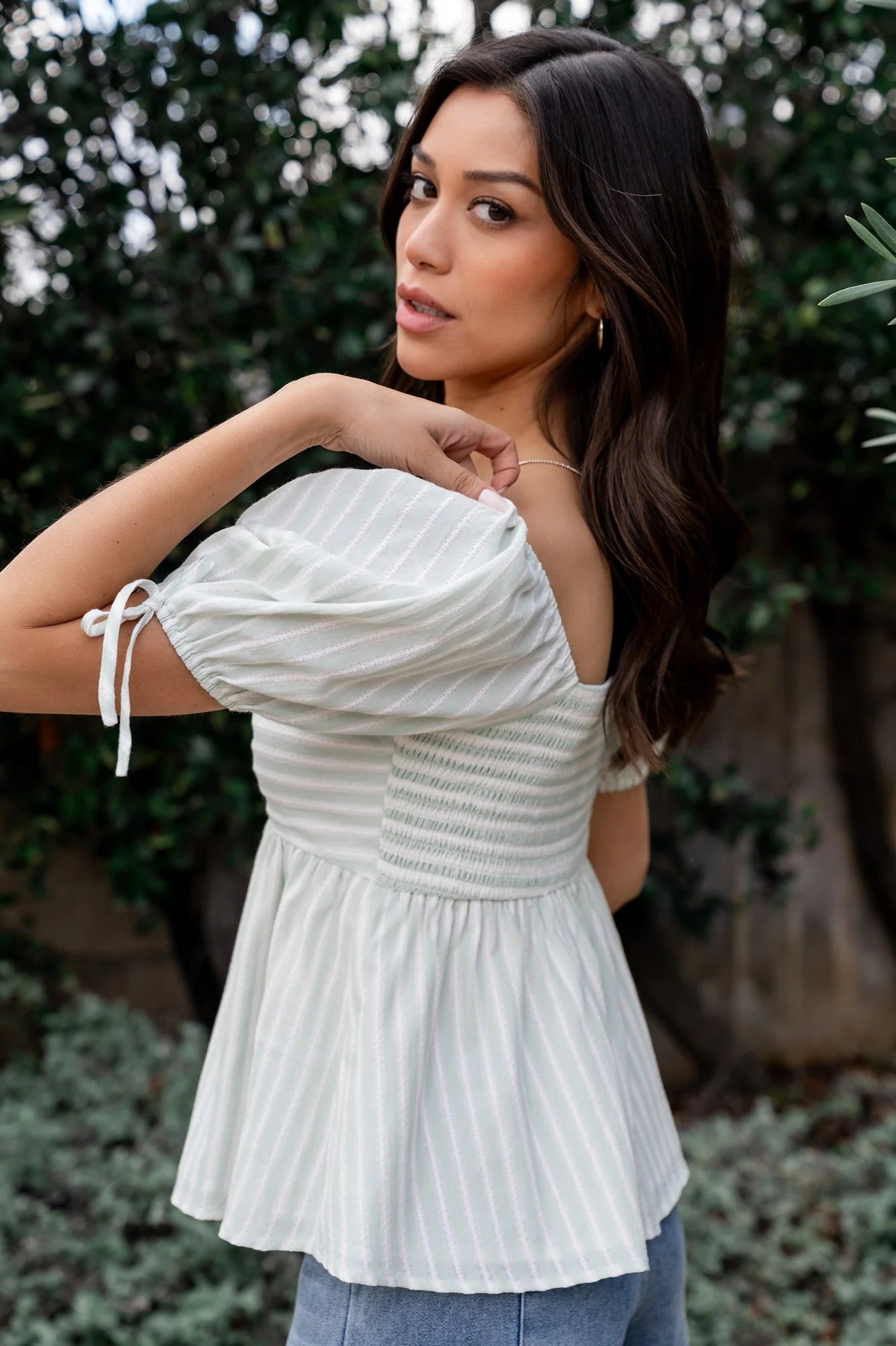 Betsy Peplum Top | Green+ White Stripe