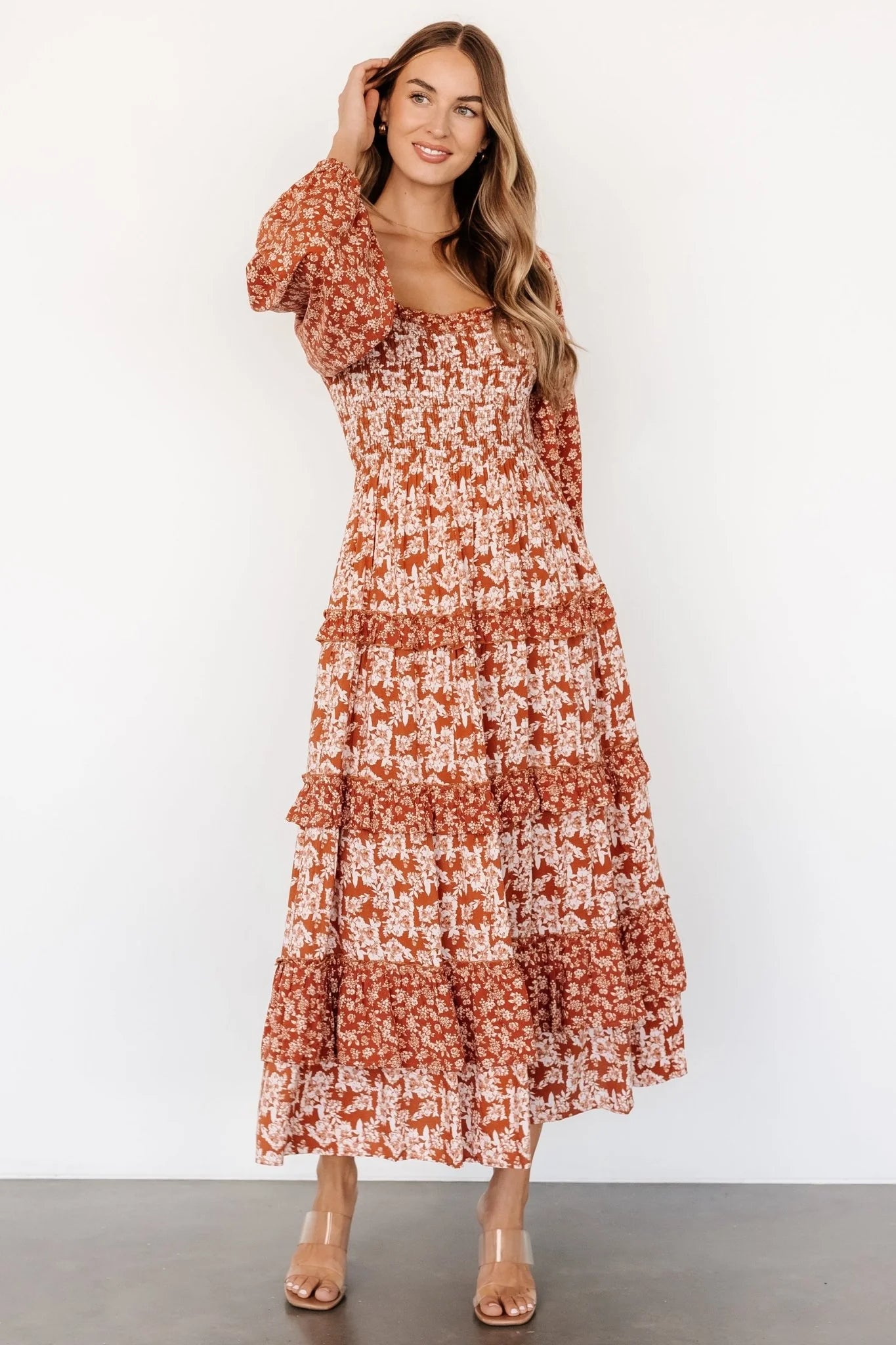 Dynah Tiered Dress | Rust +Cream Floral