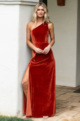 Tatiana Velvet One Shoulder Maxi Dress | Rust