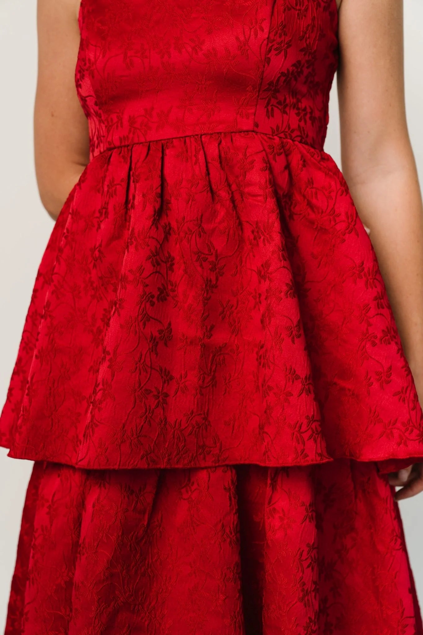 Violetta Embossed Tiered Dress | Deep Red