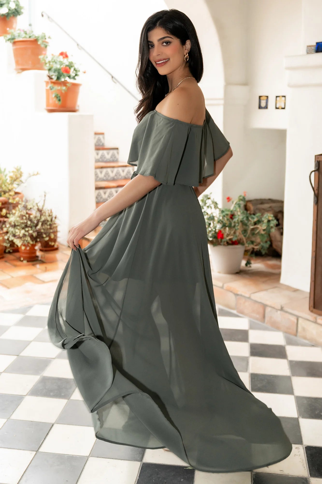 Victoria Off Shoulder Maxi Dress | Dark Sage