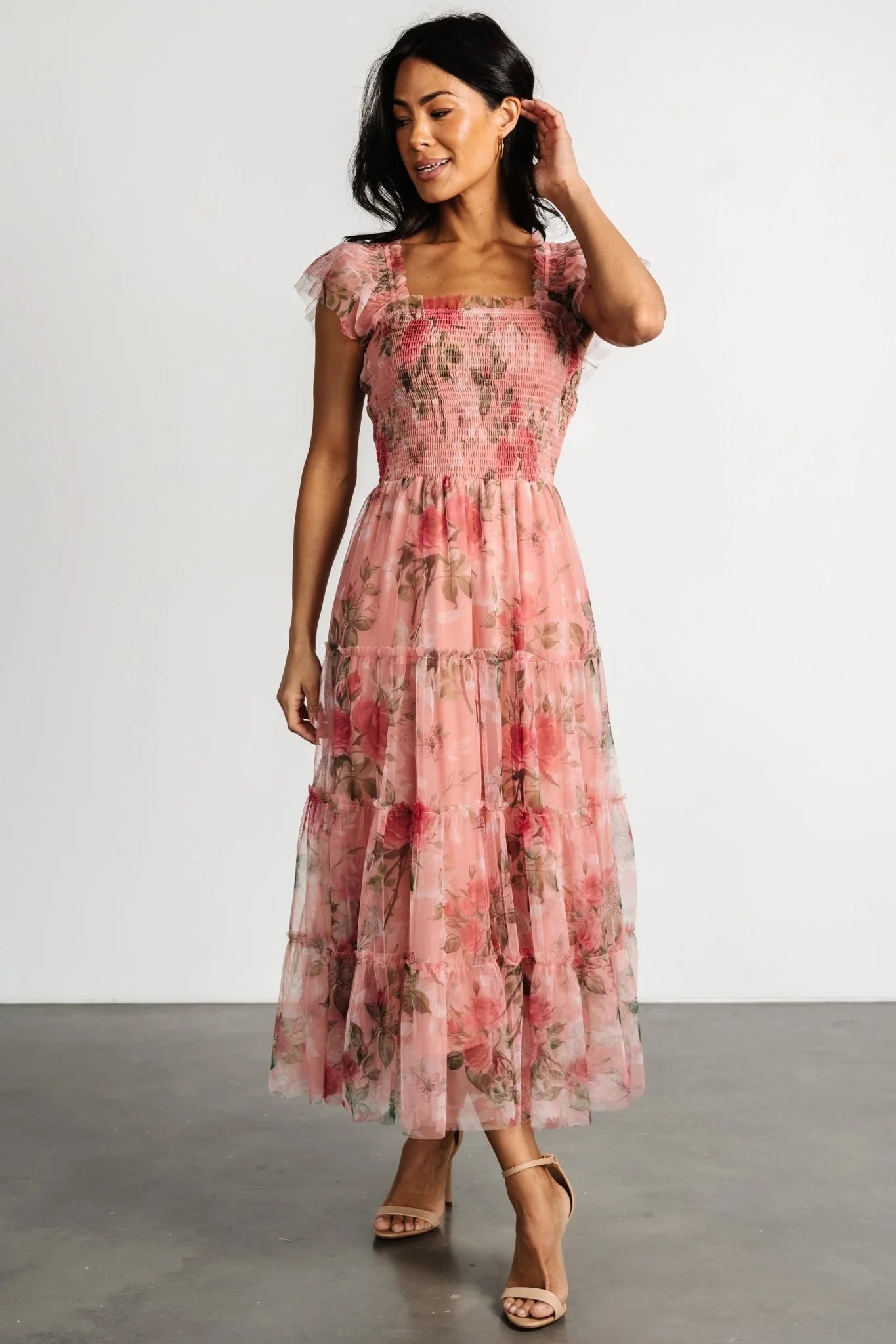Clementine Tulle Midi Dress | Pink Rose Floral