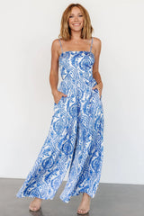 Evia Jumpsuit | Blue + White Print