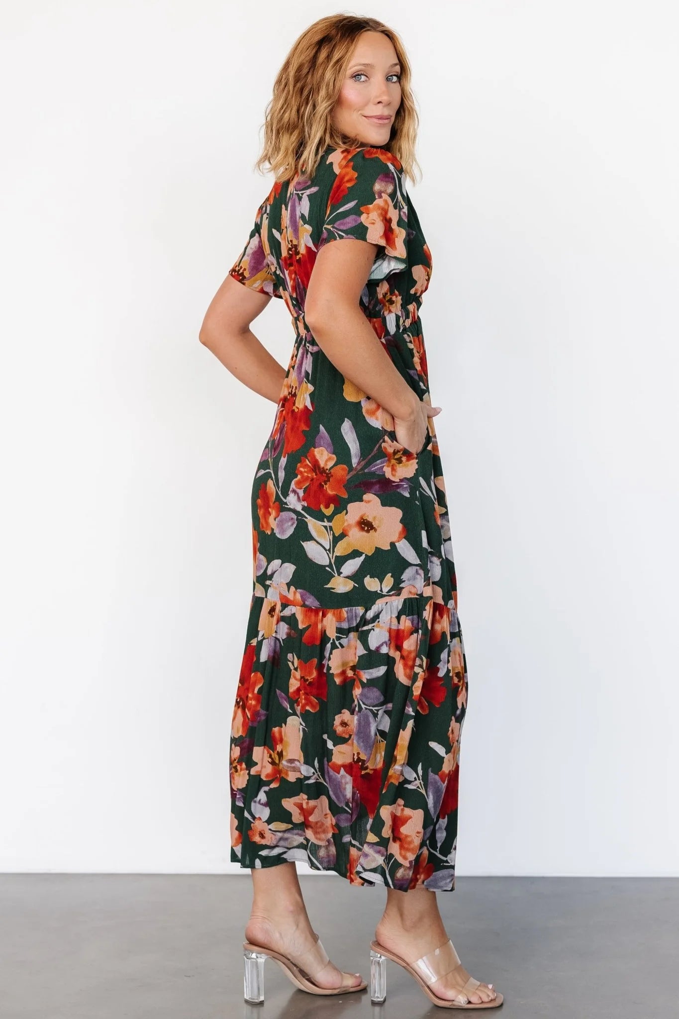 Cassie Short Sleeve Dress | Dark Green Floral