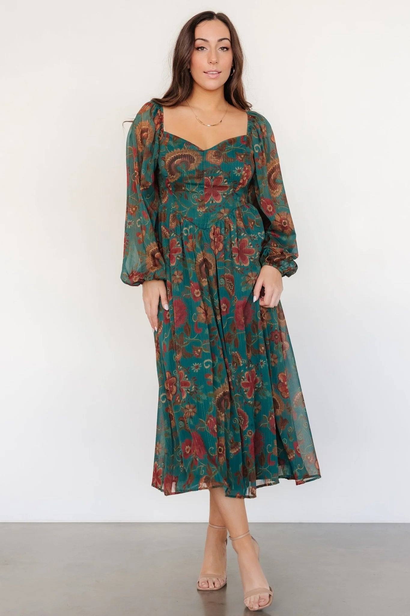 Babette Basque Waist Dress | Teal Multi Floral