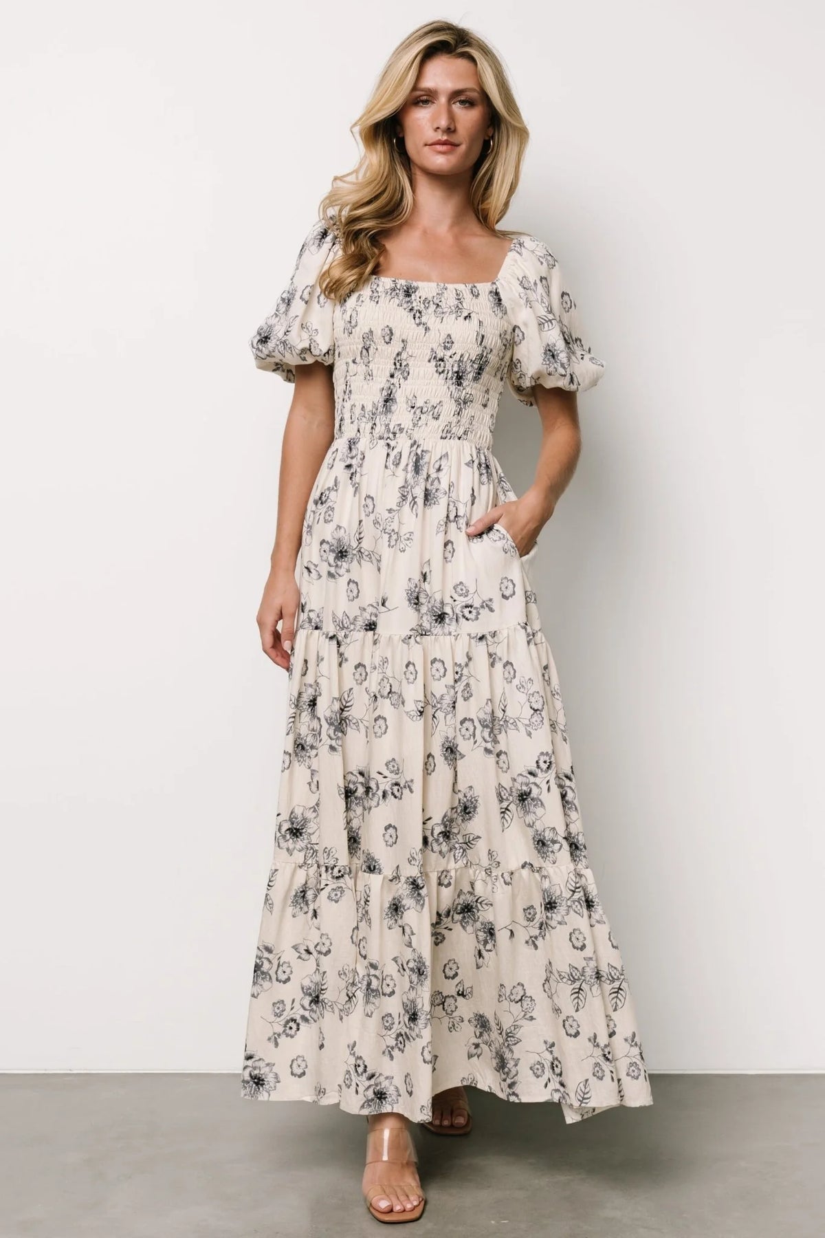 Susanna Smocked Maxi Dress | Ivory + Blue Floral