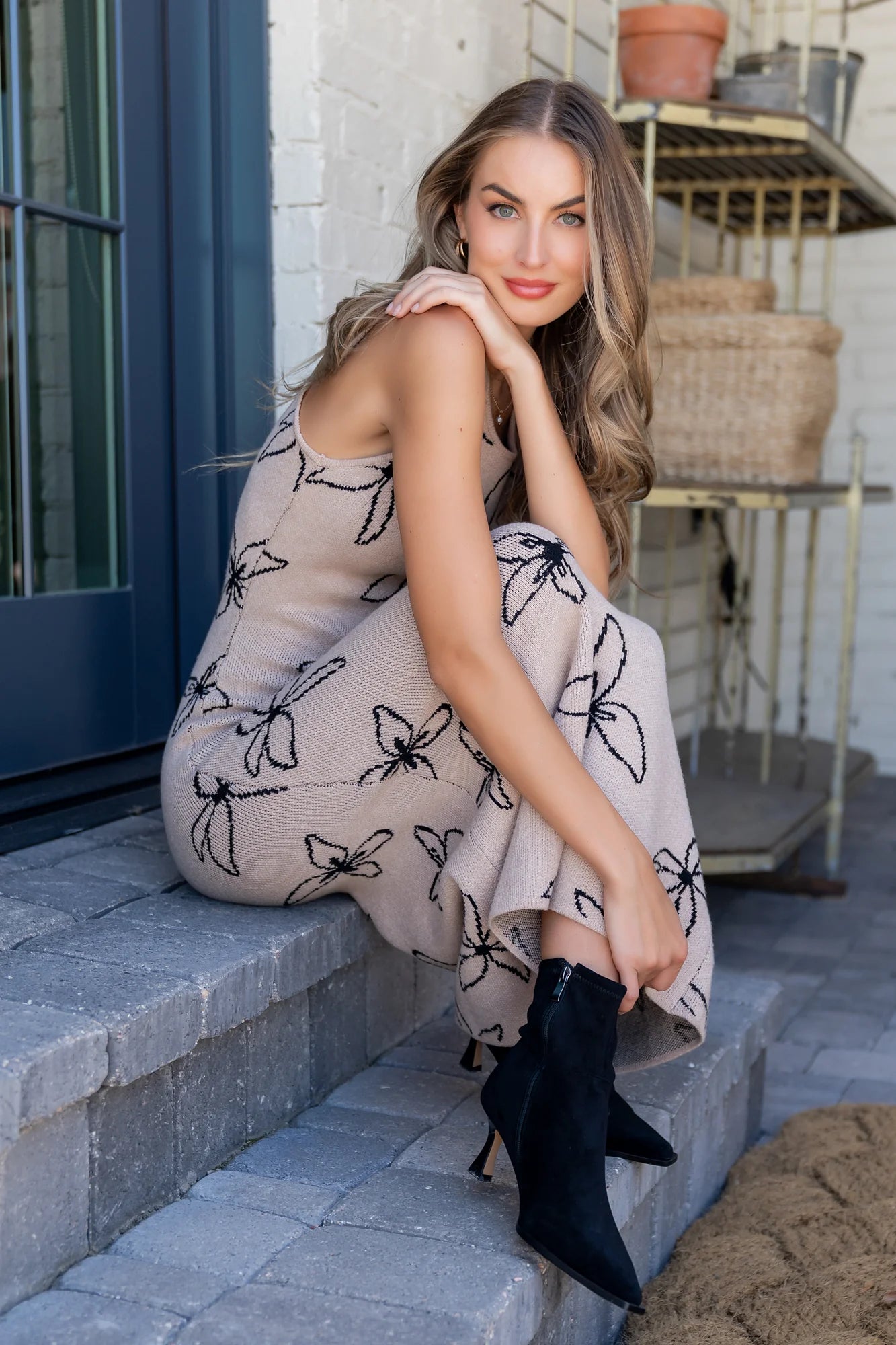 Katarina Sweater Dress | Beige + Black Floral