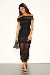 Black  Sunama Slate Blue Mesh Ruched Bodycon Midi Dress