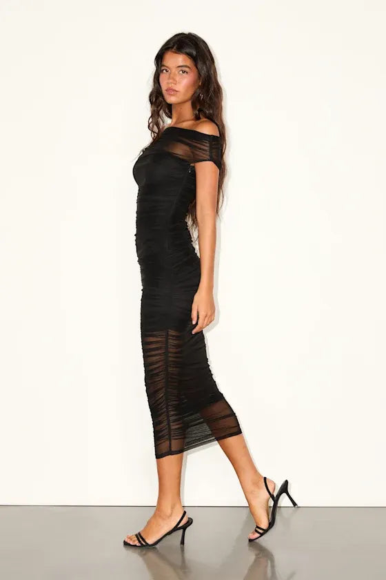 Black  Sunama Slate Blue Mesh Ruched Bodycon Midi Dress