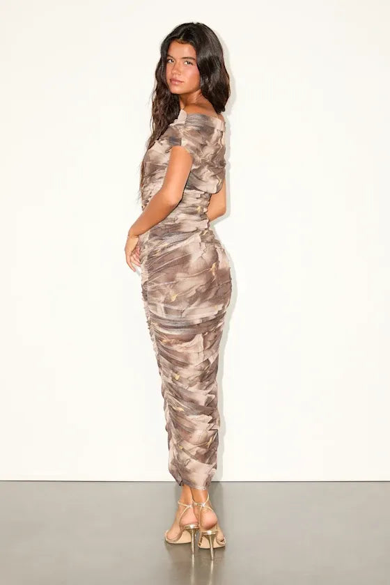 Taupe Abstract  Sunama Slate Blue Mesh Ruched Bodycon Midi Dress