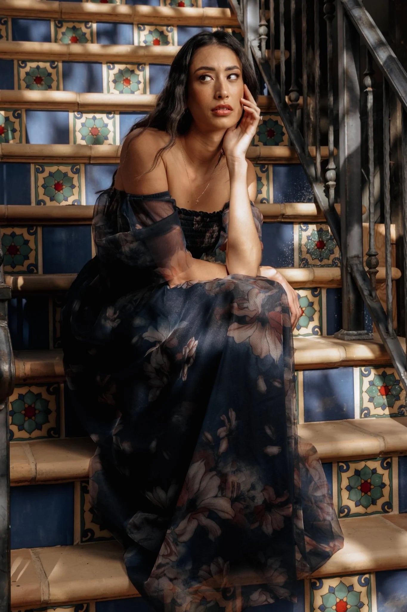 Cassandra Tulle Maxi Dress | Dark Blue Floral