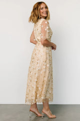 Arabella Embroidered Tulle Maxi Dress | Gold + White