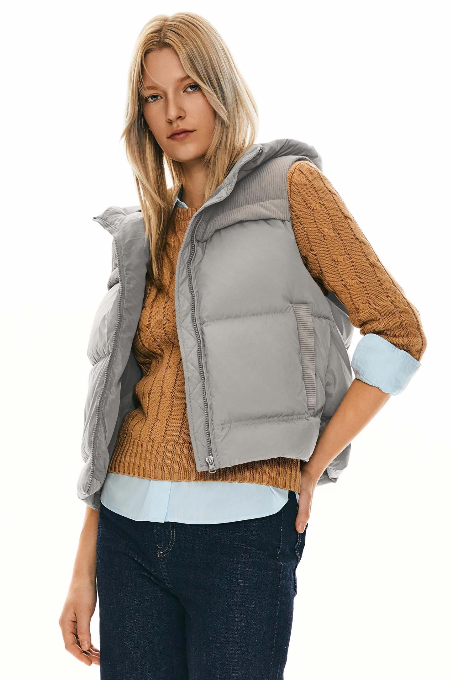 Hooded Puffer Down Vest Cropped Zip Up Lightweight