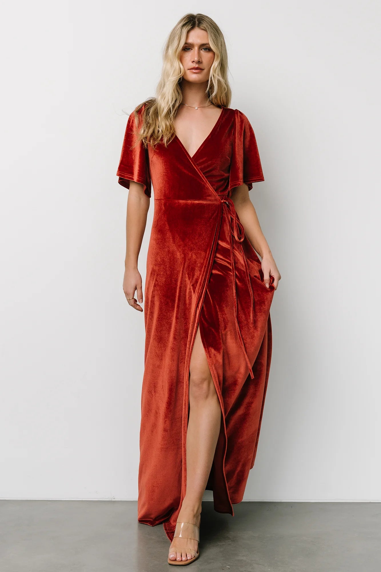 Meghan Velvet Wrap Maxi Dress | Terracotta