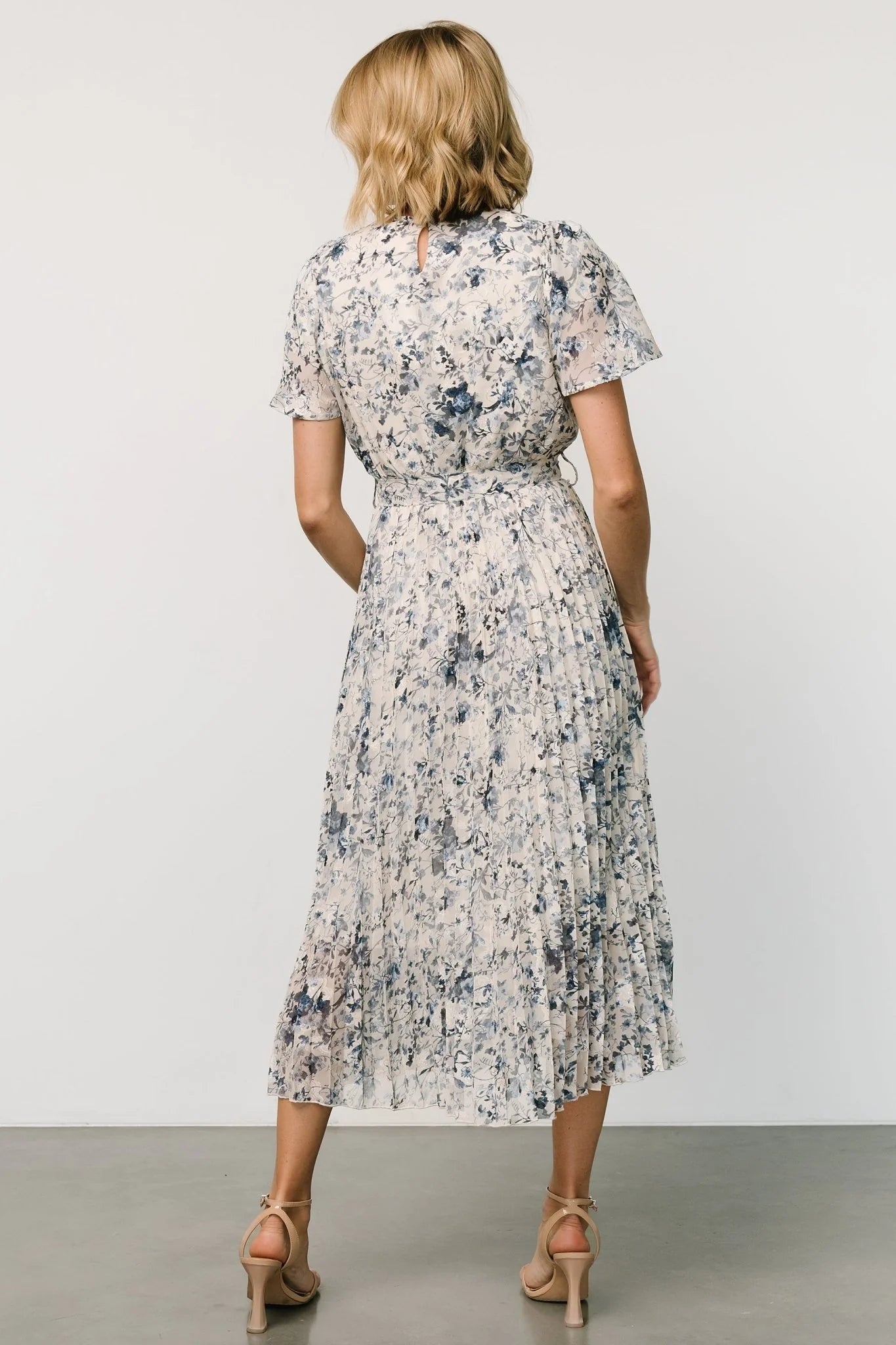 Alexandra Pleated Dress | Off White + Blue