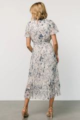 Alexandra Pleated Dress | Off White + Blue