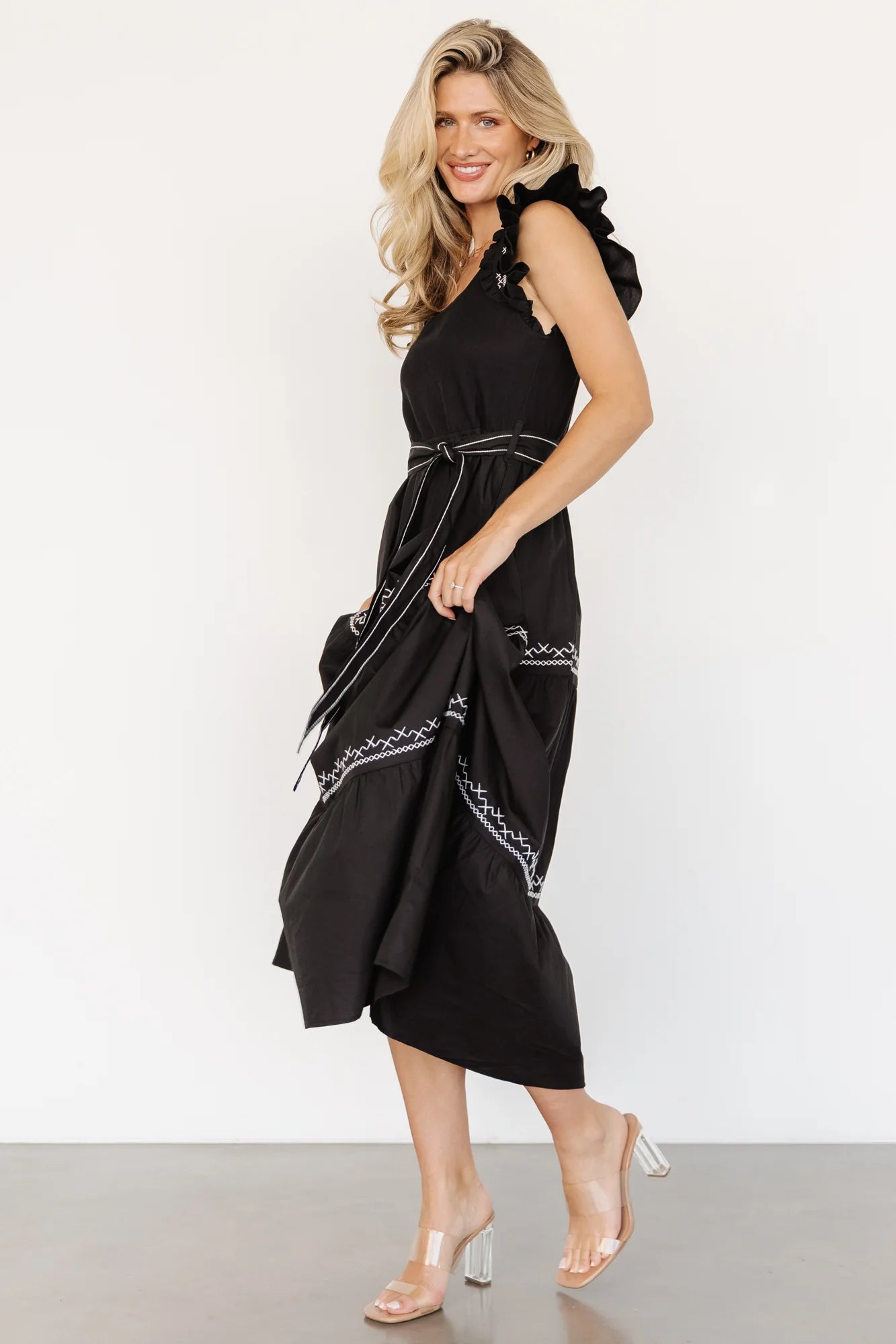 Elisa Embroidered Midi Dress | Black