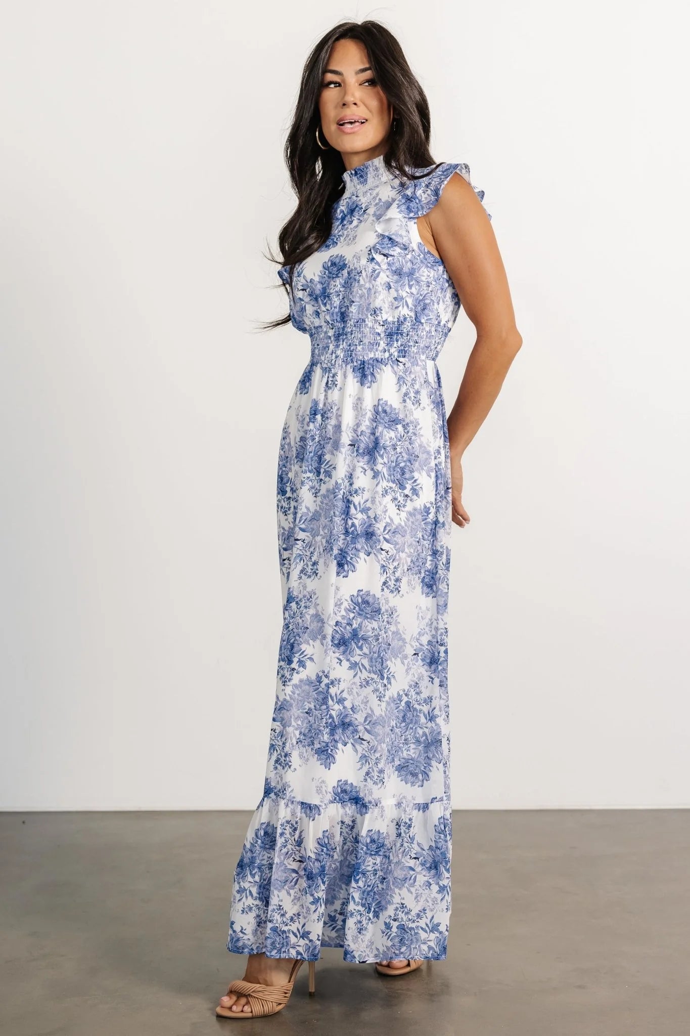 Kearny Ruffle Maxi Dress | White + Blue Floral