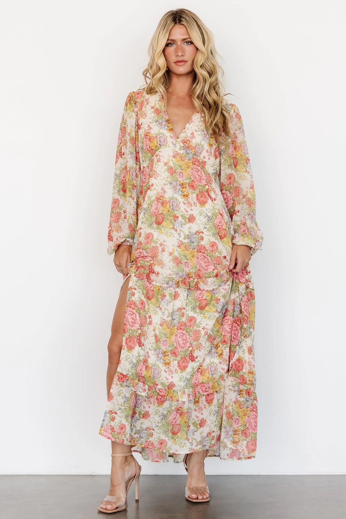 Bowman Deep V Maxi Dress | Cream Multi Floral