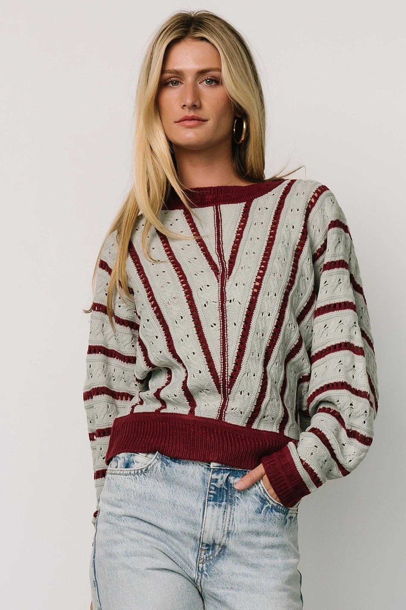 Paola Pointelle Sweater | Light Blue + Burgundy
