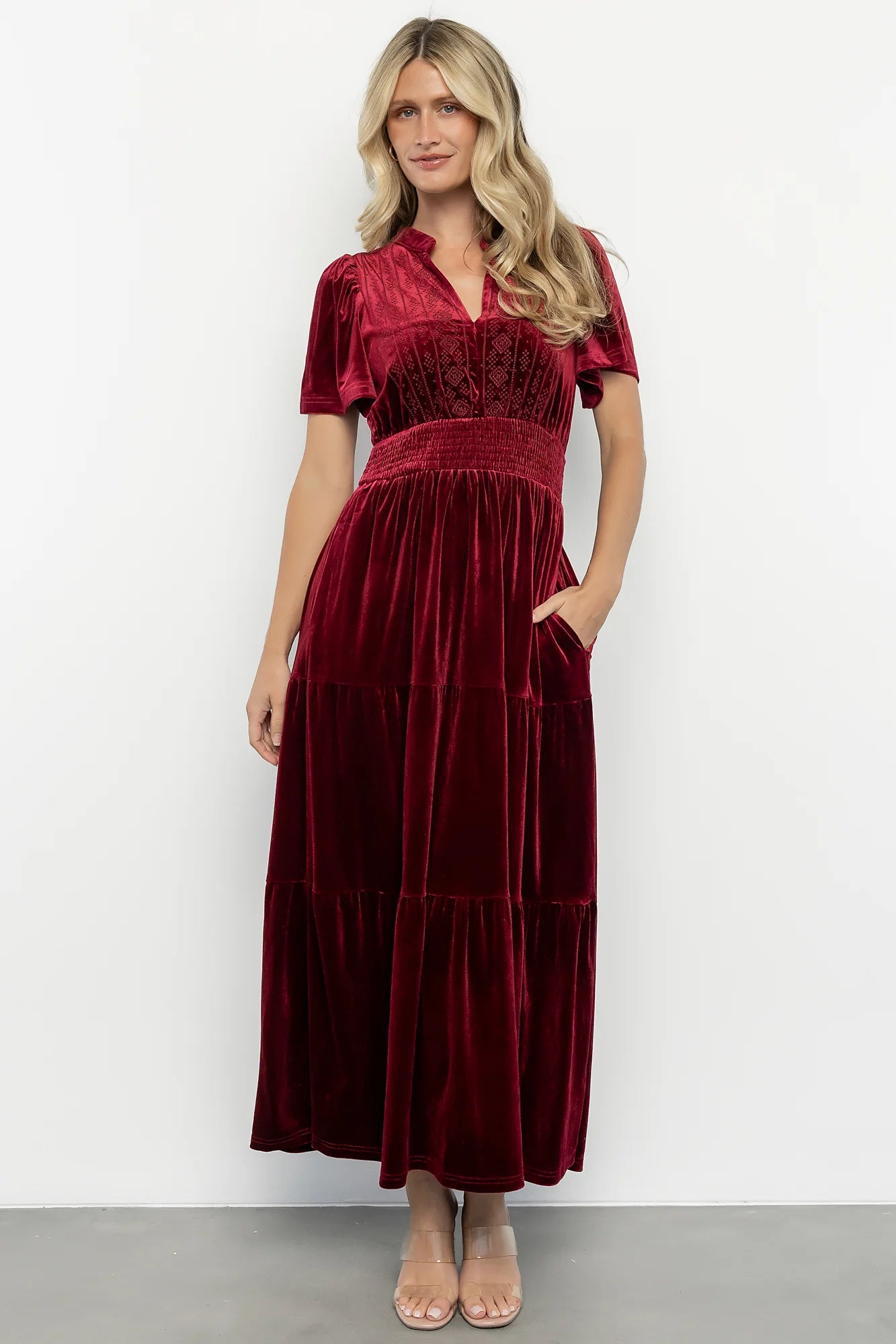 Maida Embroidered Velvet Dress | Cranberry