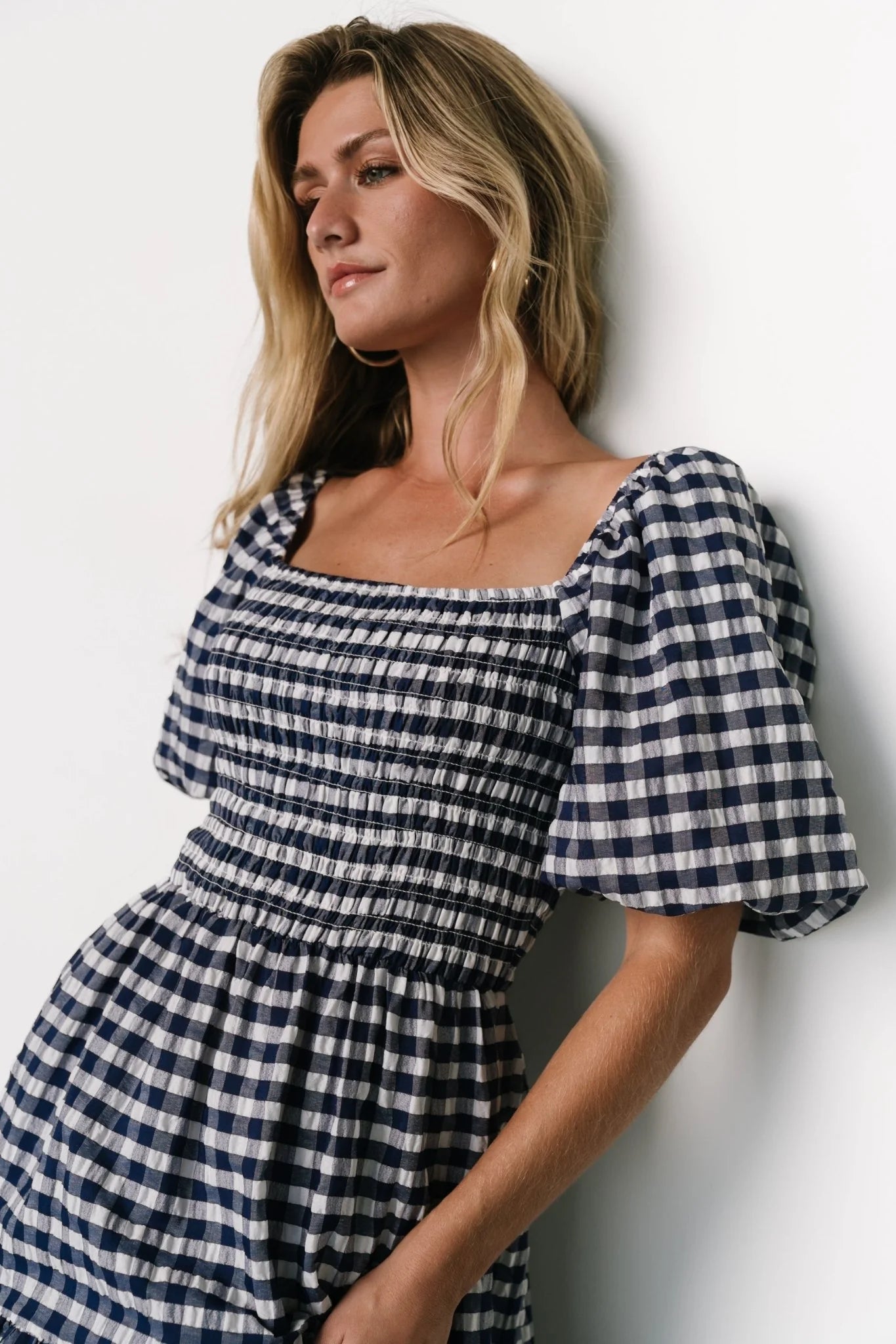 Lyndy Smocked Dress | Off White + Blue Gingham