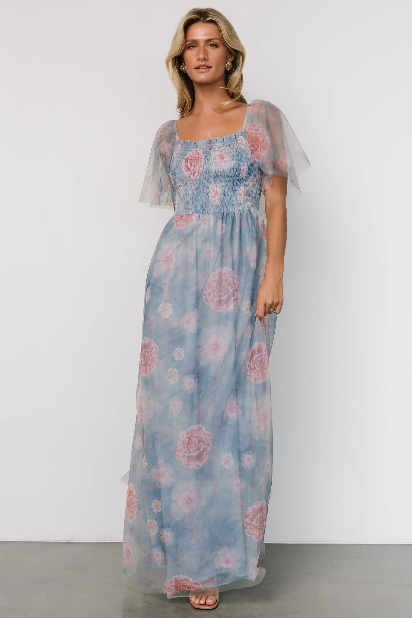 Cassandra Tulle Maxi Dress | Light Blue + Pink Floral