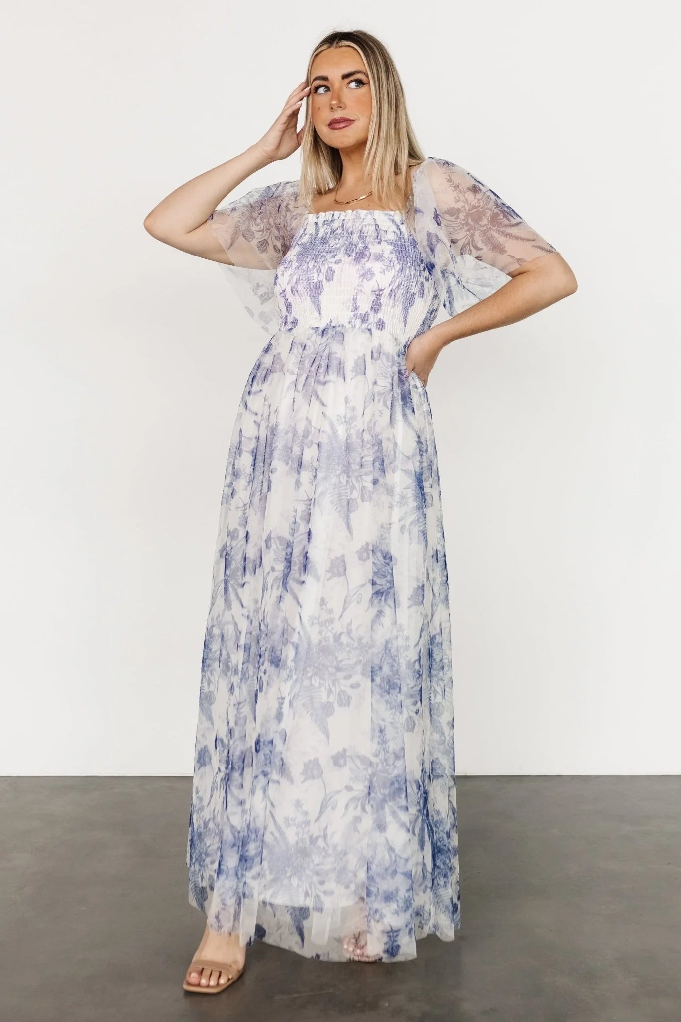 Cassandra Tulle Maxi Dress | Blue + White Floral