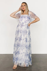Cassandra Tulle Maxi Dress | Blue + White Floral