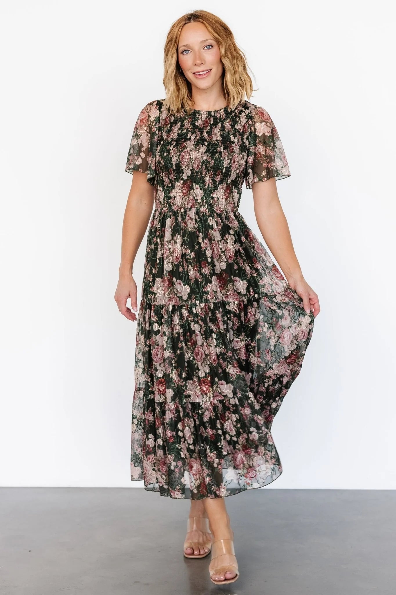 Mara Embroidered Tulle Dress | Dark Green + Blush Floral